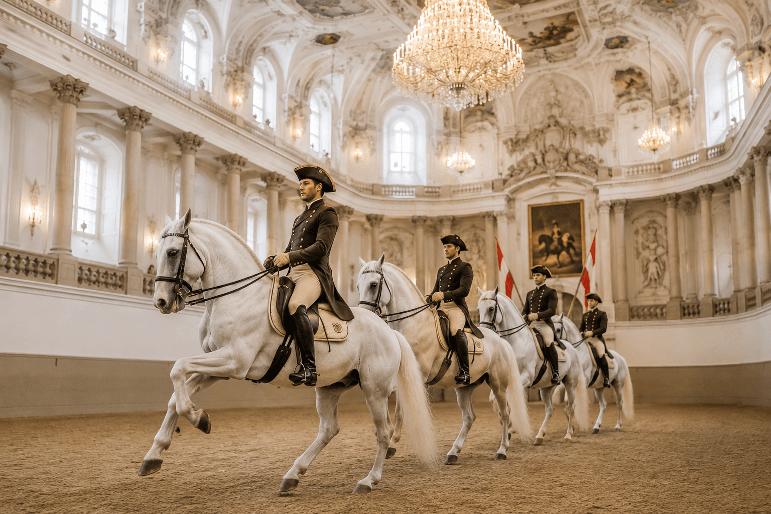 Lipizzaner horses and riders performing classical dressage inside the historic Spanish Riding School in Vienna, Austria.