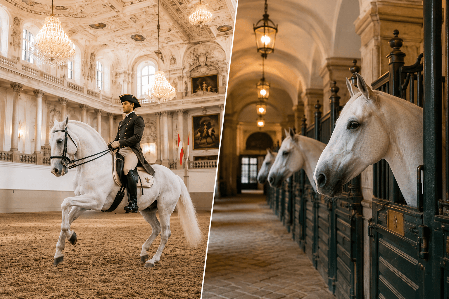 Lipizzaner horse training in Vienna’s Spanish Riding School alongside the historic Stallburg stables used on guided tours.