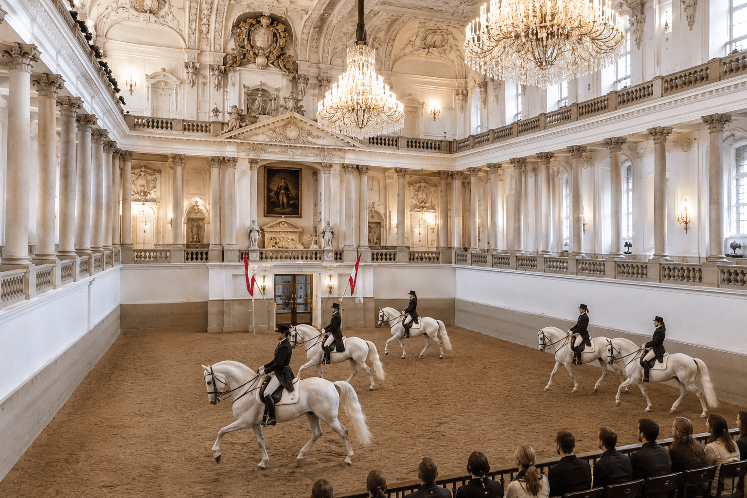 The Winter Riding School's chandeliered Baroque hall, home of the Spanish Riding School