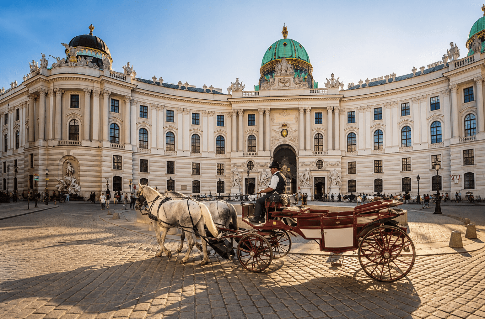 Hofburg Palace in Vienna with a traditional horse-drawn carriage in front of the historic imperial residence.